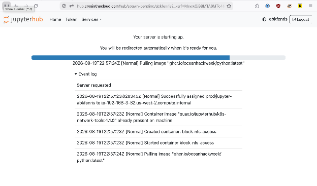 Server starting up, pulling the OceanHackWeek image